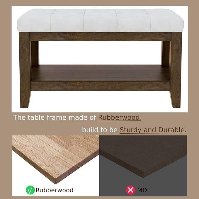 ABHENG Solid Rubber Wood Shoe Bench, Soft Chenille Material Upholstered Seat, 770LB Load Capacity, Multi-Storage for Entryway/Bedroom/Living Room, Vintage Style, 31.5"x15.7"x17.7", White,UASND66W