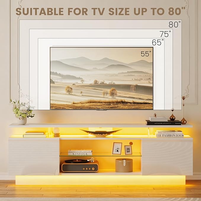 70” High-Glossy TV Stand with 2 Side Cabinets, Modern Stylish TV Console with 3 Layer LED Lights,Gaming TV Media Console with Adjustable Glass Shelf, Remote&APP Control, White