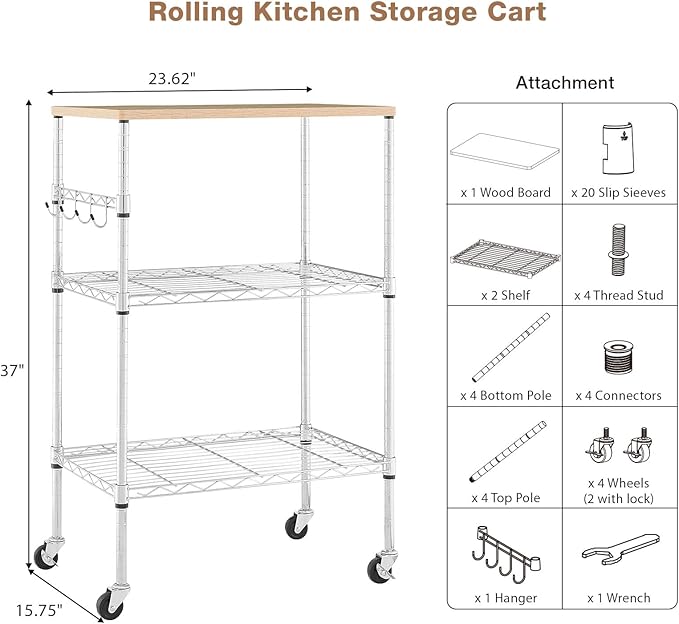BolDuck 450Lbs Capacity Microwave Cart with Wheels, 3 Tier Rolling Cart with Adjustable Shelves, Multifunctional Metal Utility Storage Kitchen Carts on Wheels, 23.6" L*15.7" W*37" H, Wood+Chrome