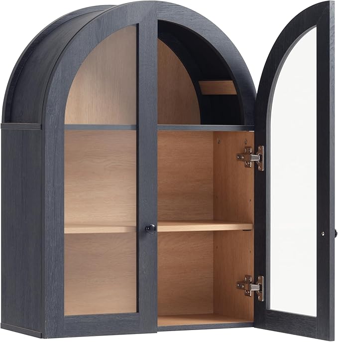 Bathroom Arched Wall Cabinet, 23.5'' Wide Medicine Cabinet, Wall Mount with Glass Doors & Adjustable Shelves, Over the Toilet Storage Cabinet for Laundry Room, Bedroom, Kitchen, Grey Black