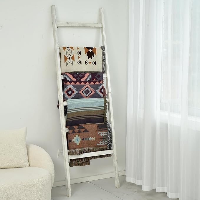 FUIN 6.4ft Extra Wide Wooden Blanket Ladder Living Room Decorative Wal Leaning Farmhouse Quilt Display Holder Rustic Wood Towel Rack for Bathroom, White, 24 inch Wide