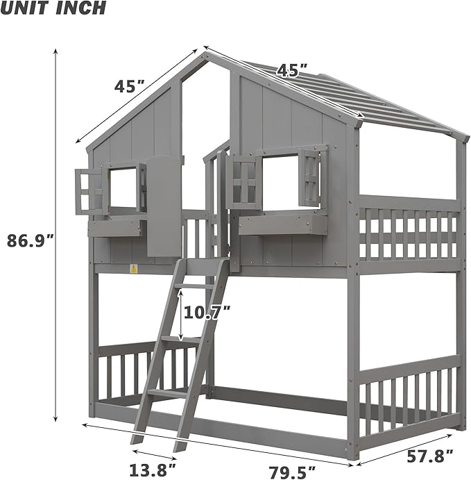Twin Over Twin Low Bunk Bed for Kids,Wooden Floor House Bunker Bed Frame with with Window,Roof,Door,Guardrails,Ladderand and Storage Box for Girls,Boys - Gray