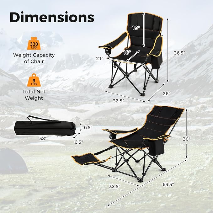Giantex Hammock Camping Chair, Folding Chairs for Outside, Foldable Chair with Footrest, Adjustable Backrest, Padded Cushion, Carry Bag, Cup Holder, Collapsible Chair for Backpacking, Beach (1, Black)