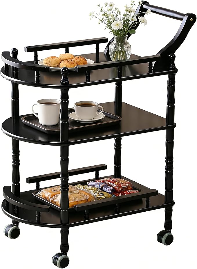 Entertainment Kitchen Cart, Midcentury Modern Imported rubberwood Black Finished Wood 3-Tier Mobile Bar Cart Serving Cart