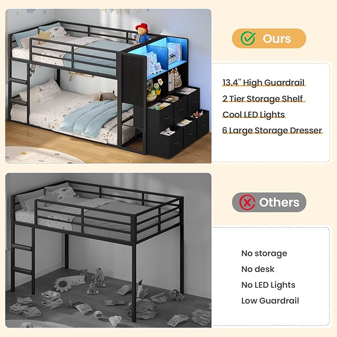 BTHFST Twin Over Twin Bunk Bed with Storage Drawers & Open Storage Shleves with LED Lights, Metal Black Low Bunk Bed Safety Ladder and 13.4" H Guardrail, Space Saving