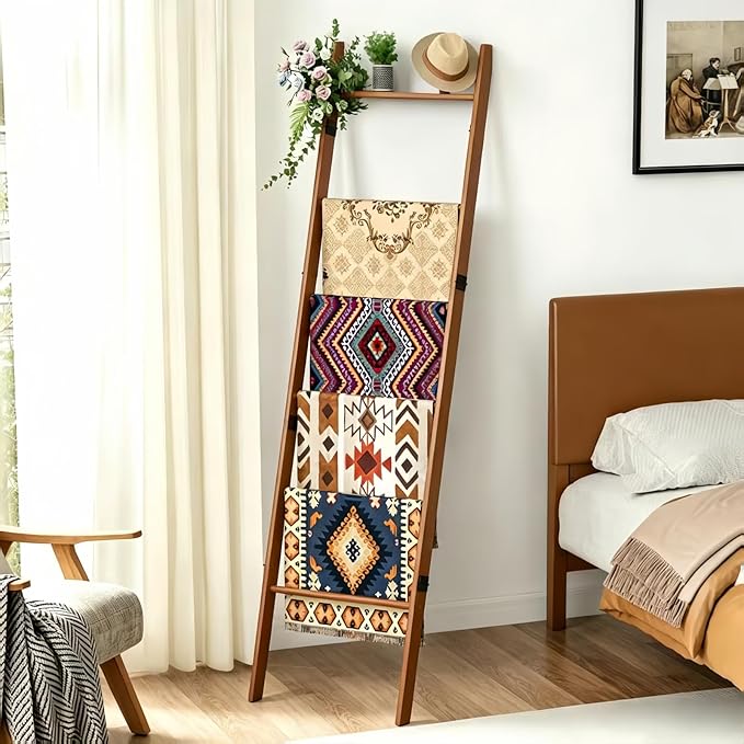 BAMBANG 6-Tier Blanket Ladder for Living Room, Blanket Quilt Ladder Rack Rustic Decorative Towel Holder, Wall Leaning Blanket Ladder Shelf Storage Farmhouse Decor for Bedroom Bathroom, Tea Brown