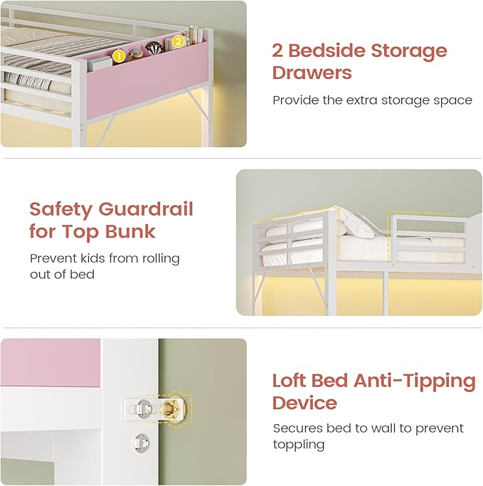 AOGLLATI Bunk Bed Twin Over Twin with 6 Storage Drawers for Kids Teens,Metal Led Loft Bed with Bedside Storage,Safety Guardrails for Small Space, No Box Spring Needed,White