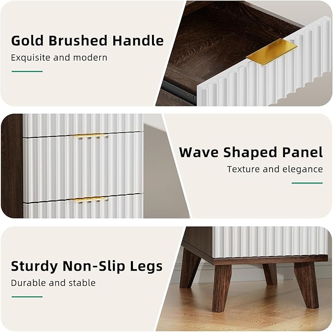 Kalrin Charging Nightstand with Hidden Outlets & 3 Drawers, Modern End Table, Bedside Table with USB Ports, Wave Groove Design, Compact Size, Heavy Duty Engineered Wood, Brown & White
