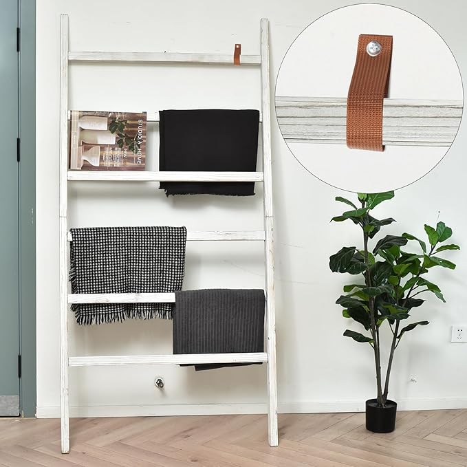 FUIN Extra Wide 6.4ft Wooden Blanket Ladder Living Room Decorative Wal Leaning Farmhouse Quilt Display Holder Rustic Wood Towel Rack for Bathroom, White, 38 inch Wide