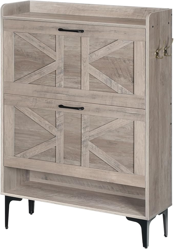 MAHANCRIS Shoe Storage Cabinet, Shoe Organizer with 2 Flip Drawers, Hidden Shoe Storage for Entryway, Freestanding Shoe Cabinet Organizer with Open Storages, Greige SHHG9401