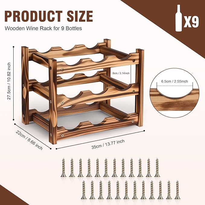 9-Bottle Wooden Wine Rack – 3-Tier Tabletop Countertop Space-Saving Wine Holder with Screwdriver Included, Easy Assembly Wine Storage Shelf for Kitchen, Bar, Pantry & Home Decor
