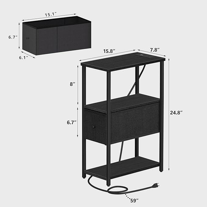 TUTOTAK Small Narrow End Table with Charging Station, Set of 2, Side Table with Outlets, Nightstand with Cloth Drawer, Couch Table, for Living Room, Bedroom, Bedside, Black TB01BK058
