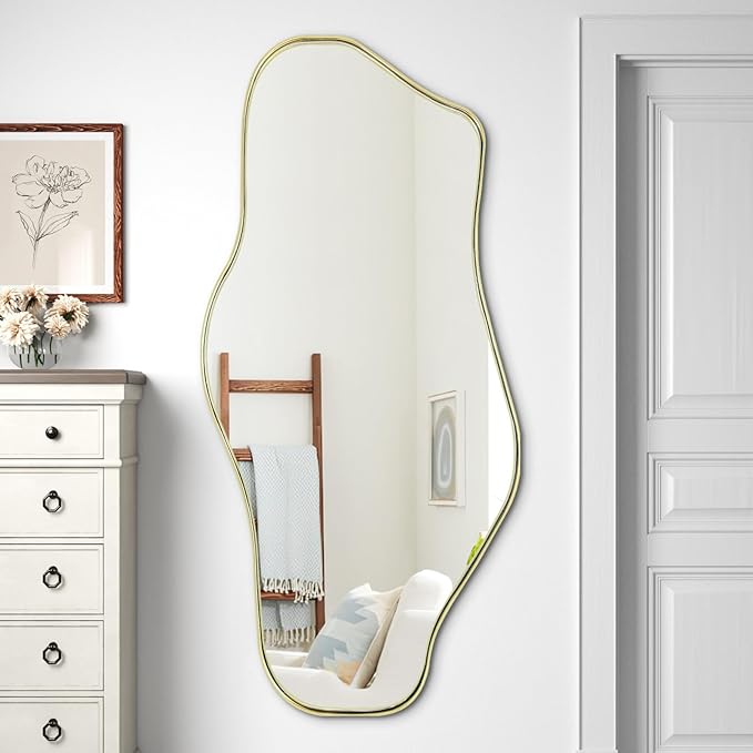 Irregular Wall Mirror, 47"x25" Asymmetrical Aesthetic Mirror with Metal Frame, Modern Organic Shaped Mirrors for Living Room Bedroom Hallway Entryway, Horizontal or Vertical Hanging