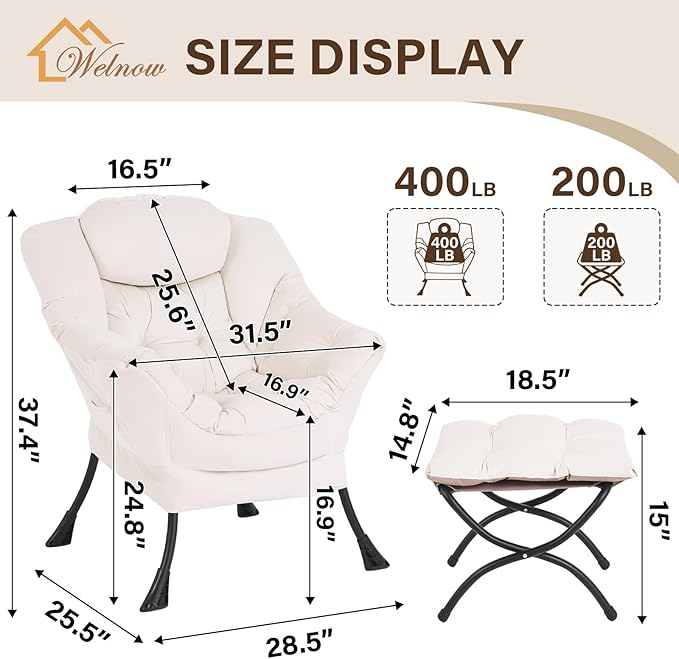 Welnow Lazy Chair with Ottoman, Modern Accent Chair with Armrests and a Side Pocket, Leisure Sofa Armchair, Reading Armchair with Footrest for Small Space, Beige