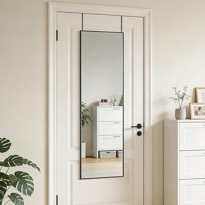 Ruomeng 48x14 Inch Full Length Door Hanging Mirror, Rectangle Full Body Mirror Over The Door, Wall Mounted Metal Aluminum Framed, Tempered Glass Mirror for Bathroom Entryway Bedroom Living Room