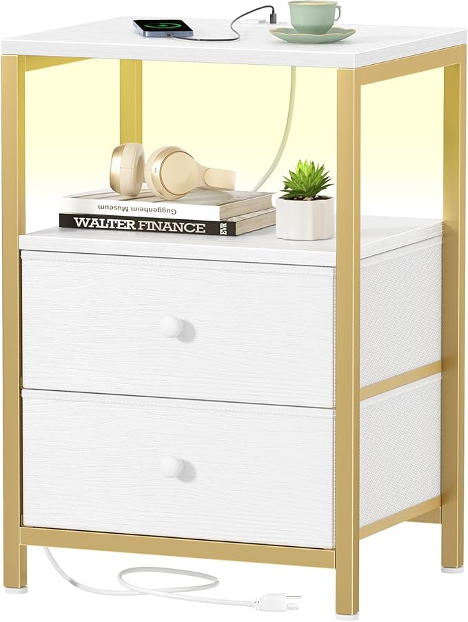 BOLUO Nightstand with Charging Station, LED Night Stand with 2 Fabric Drawers, Bedside Table with USB Ports and Outlets, Nightstand for Bedroom Modern