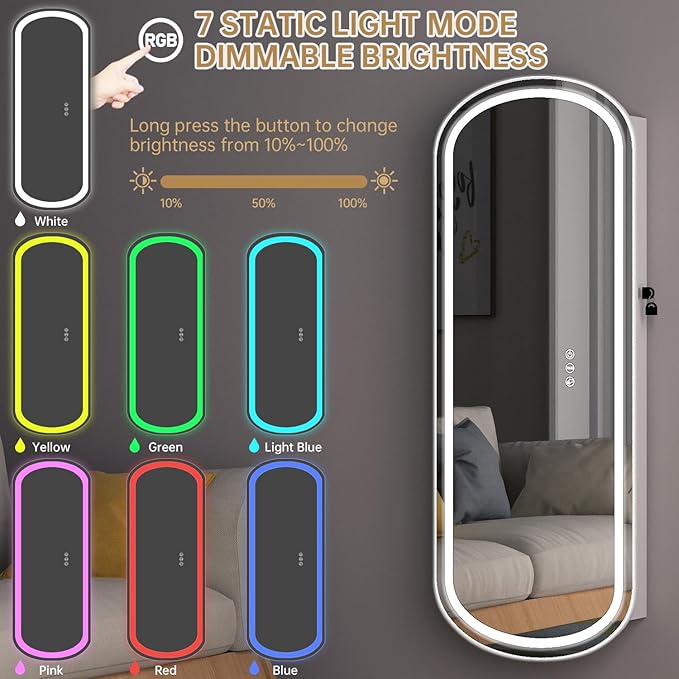 LED Jewelry Cabinet Wall/Door Mounted,RGB Lighted Mirror Jewelry Armoire Organizer Over the Door Full-Length Lockable Rounded Wide Mirror with Storage Interior Mirror Gift for Her Chrismas White