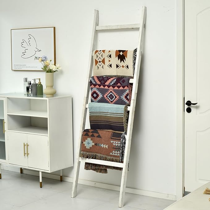 FUIN 6.4ft Extra Wide Wooden Blanket Ladder Living Room Decorative Wal Leaning Farmhouse Quilt Display Holder Rustic Wood Towel Rack for Bathroom, White, 24 inch Wide