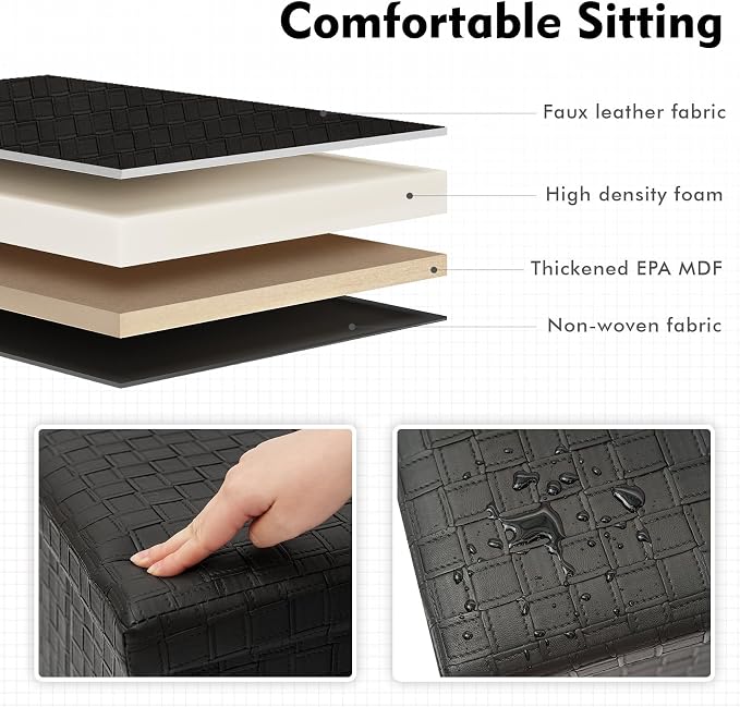 B FSOBEIIALEO Folding Storage Ottoman, Faux Leather Footrest Seat Long Bench Chest, Black 30"x15"x15"