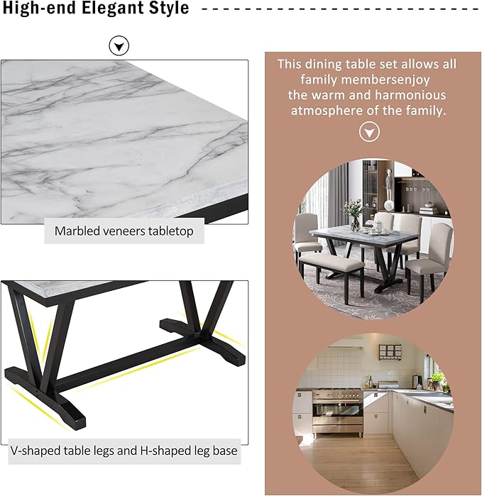 Harper & Bright Designs Modern Style 6-Piece Dining Table with 4 Chairs & 1 Bench, Table with Marbled Veneers Tabletop and V-Shaped Table Legs (White)
