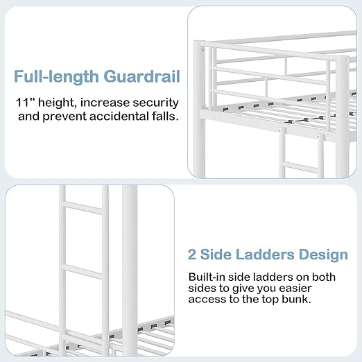VECELO Twin Over Twin Bunk Bed with Trundle, Metal Bunkbeds with Ladder and Full-Length Guardrail, Noise Free, No Box Spring Needed, Off White