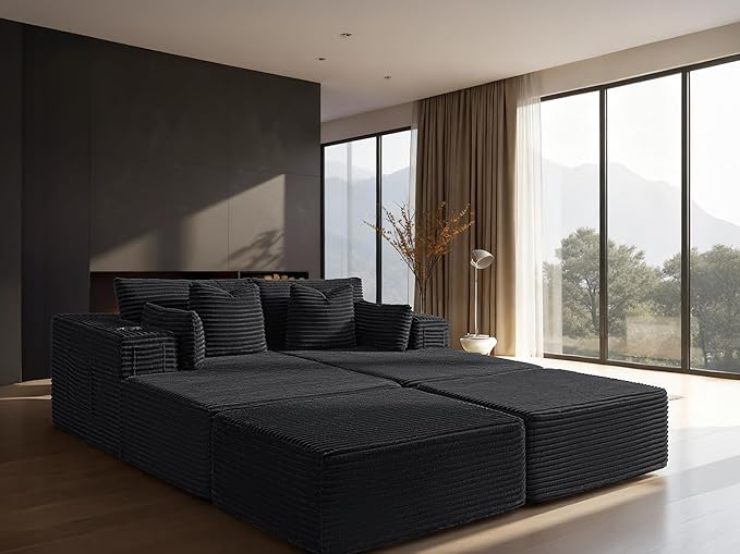 72" Cloud Sectional Couch, Comfort Sleep Sofa for Living Room, Extra Deep Seats No Assembly, Minimalist Modular Couch, Corduroy (Black, Extend Loveseat Chaise)