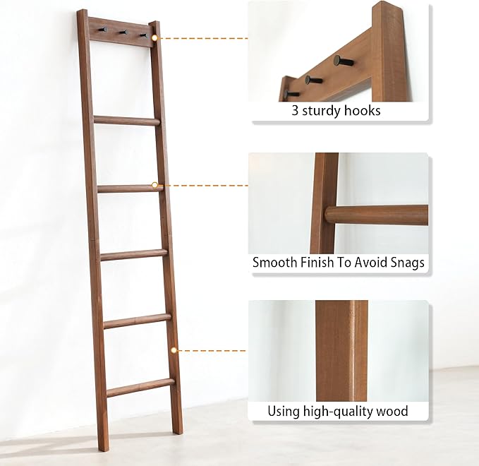 Wooden Blanket Ladder - Natural & Motley Wood - Leaning Wall Decor for Bedroom, Bathroom, Living Room - Rustic Quilt Holder & Towel Rack (Walnut Color + Hook, 76in（5-Tier）)