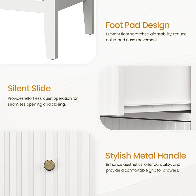 RoyalCraft White Nightstand with Charging Station, Fluted Night Stand for Bedroom, Small Sofa Table with 2 Storage Drawers Cabinet, Wood End Table for Bedroom