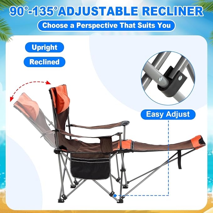 Yuntau 2 Set Reclining Beach Chairs with UPF 50+ Umbrellas Shade, Upgraded Heavy Duty Portable Folding Lounge Camping Chair with Canopy Removable Footrest & Headrest for Outdoor Patio(Orange)