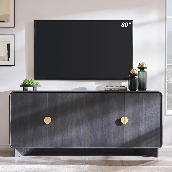 IFGET 70" Modern TV Stand for TVs Up to 80 inches, 30" Tall Entertainment Center with Storage and Adjustable Shelves, TV Console with Curved Profile Design, Media Console for Living Room, Dark Grey