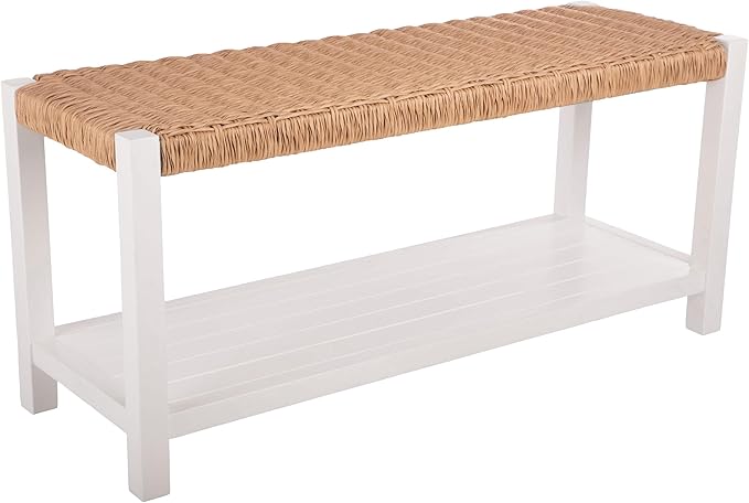 Alaterre Furniture Bench with Handcrafted Woven Rope Seat - Newport Collection 40-Inch Wood Bench with Storage Shelf for Entryway or Hallway - Indoor Furniture (White)