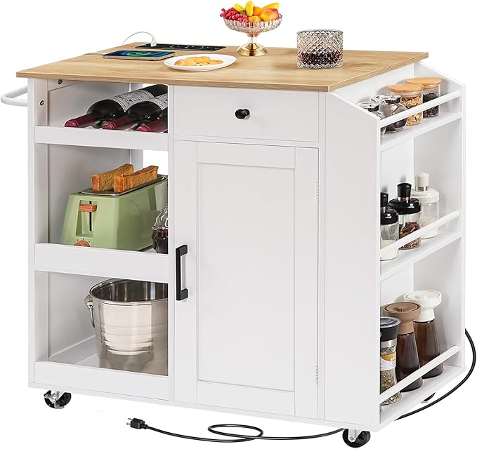 MAHANCRIS Kitchen Island with Power Outlet, Kitchen Storage Island with Drawer, Rolling Kitchen Cart on Wheels, Spice Rack, Towel Rack, Wine Rack, for Dining Room, White and Natural KINW122E01N1