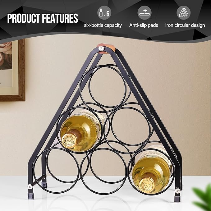 Countertop Wine Rack - 6 Bottle Freestanding Modern Gold Metal Small Wine Rack - 3 Tier Tabletop Wine Holder Stand for Cabinet, Pantry, Wine Bottle Storage