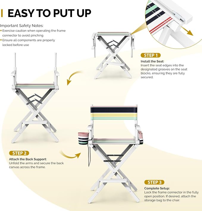OmySalon 26" H Tall Directors Chair, Wooden Portable Folding Makeup Chair w/Storage Pouch & Footrest, Professional for Salon/Events/Mobile Services, 250lb Capacity, Striped Canvas & White Frame