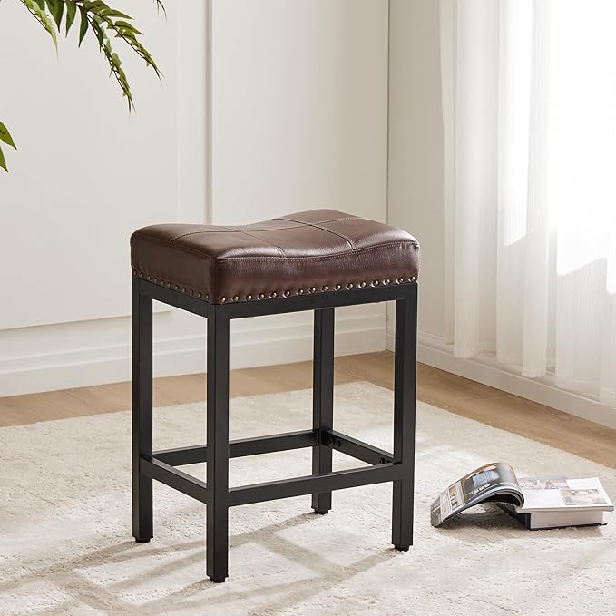Sweetcrispy 24 inch Bar Stools Set of 6, Upholstered Modern Counter Height Bar Stools for Kitchen Island Modern PU Leather Sadless Stools Chair with Metal Base and Footrest,Brown