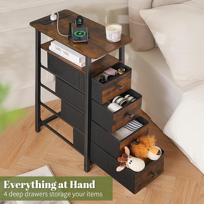 Yoobure LED Narrow Nightstand with Charging Station - Slim Dresser for Bedroom Narrow Side Table Storage Cabinet, Small Dressers Chest of Drawers, Tall Skinny Night Stand End Table for Small Spaces