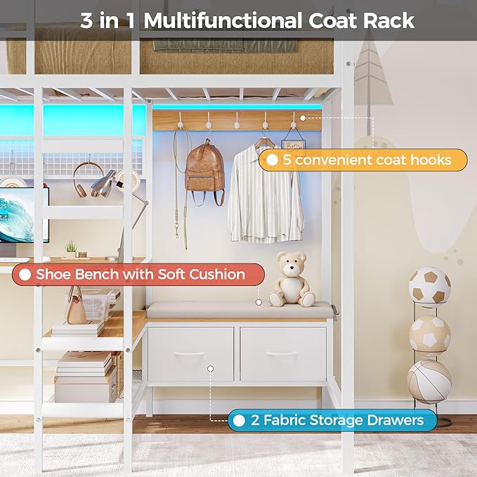 DICTAC Twin Loft Bed with L-Shaped Desk, Storage Shelves and Charging Station Twin Size Metal Loft Bed with LED Lights and Coat Rack with 2 Storage Drawers,Top Bunk with Safety Guard & Stair, White