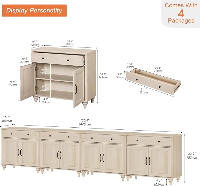 WAMPAT Buffet Cabinet with 8 Doors and 4 Drawers, Large Coffee Bar Table Wood Kitchen Storage Cabinets with Storage, Modern Farmhouse Sideboard Credenza for Dining Room, Beige, 136 inch