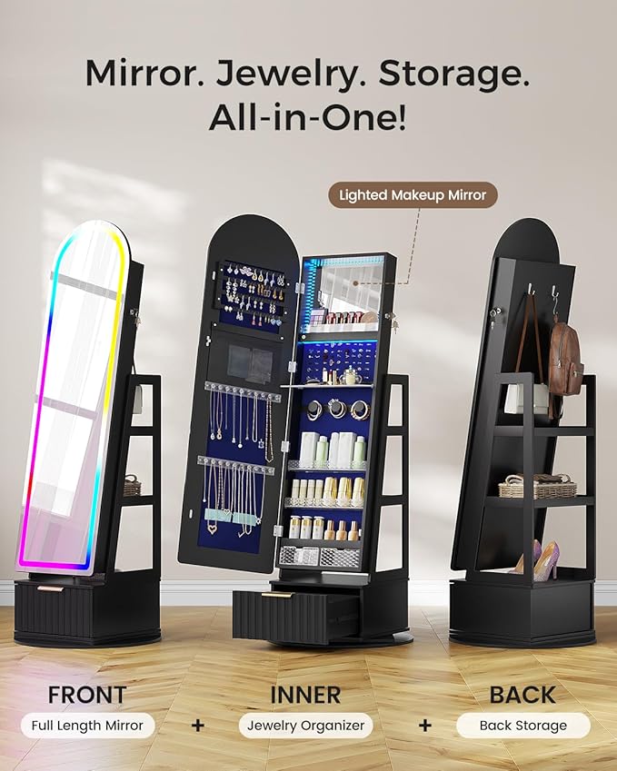 Dystler Arched Jewelry Cabinet with RGB Full-Length Mirror, 360° Swivel Standing Jewelry Armoire with Shelves & Drawer, Lockable Jewelry Organizers and Storage with Remote Control, Black