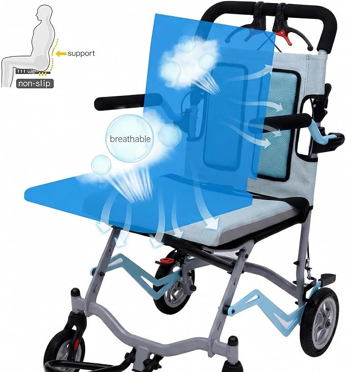 IDEALHOUSE Ultra Lightweight Folding Transport Wheelchair, 16” Seat, Flip-Up Armrests, Swing-Away Footrests, Portable & Compact for Travel, Caregiver-Friendly, 24.25 lbs