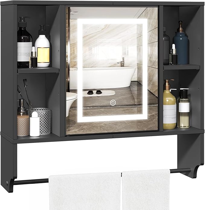 MAHANCRIS Bathroom Wall Cabinet with Mirror, Wall Mounted Medicine Cabinet with Color Adjustment LED Lights, Mirrored Over The Toilet Storage Cabinet with Adjustable Shelves, 23.6''W x 21.6''H, Black