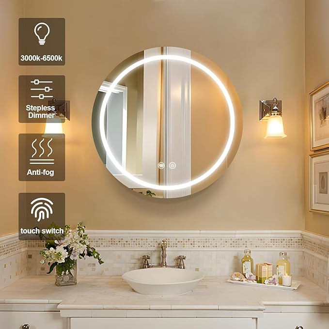 30 inch Round Medicine Cabinet with Lights,Led Medicine Cabinet with Defogger,Illuminated Mirror Cabinet for Bathroom,Dimmable,Defogger,3 Color Temperature 3000k-6500k White