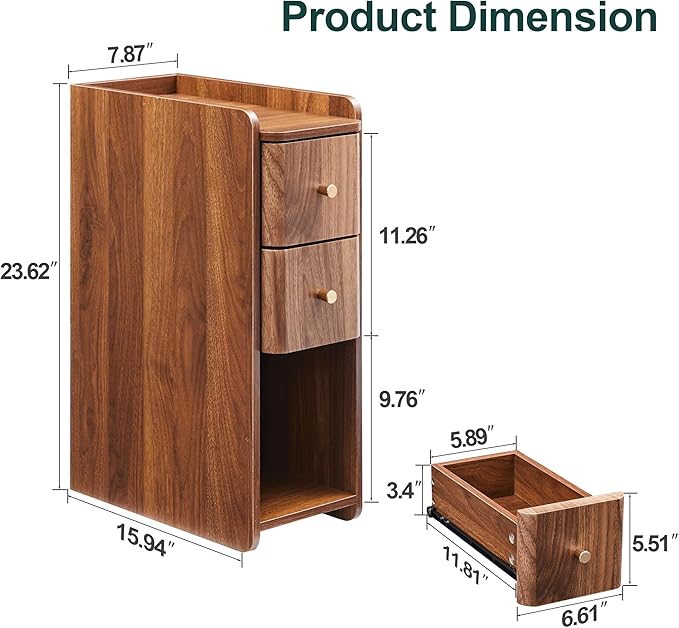 Narrow End Table Bedroom, Wooden Small 2 Drawer Nightstand, Thin Couch Side End Table, Skinny Bedside Table Small Spaces, Mid Century Modern Night Stand with Drawers (Walnut-1 pc)
