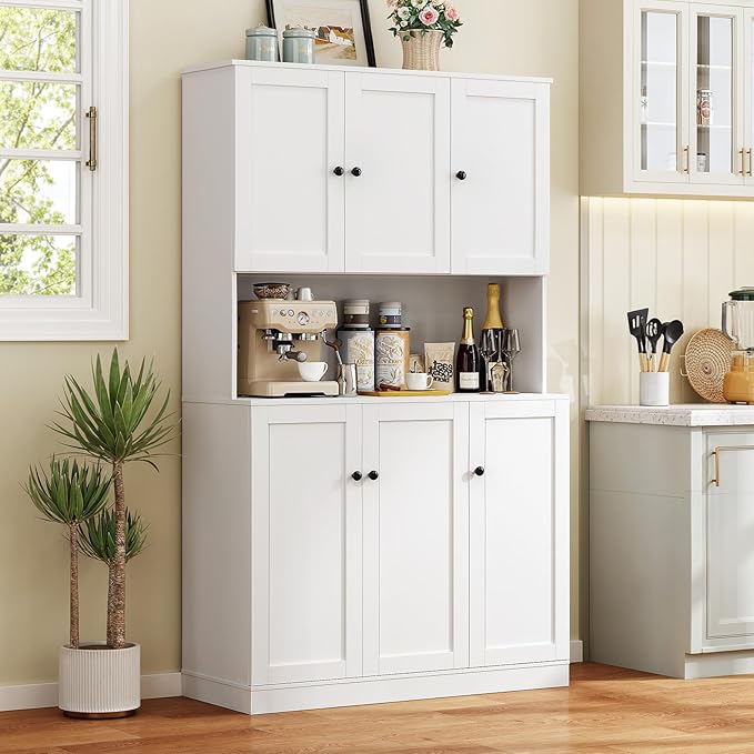 ONBRILL 71" Tall Kitchen Pantry Storage Cabinet with Microwave Stand & Door Shelf, Freestanding Kitchen Hutch with 6 Doors and Adjustable Shelves, Modern Food Pantry for Dining Room, White