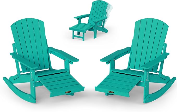 Adjustable Adirondack Rocking Chair Set of 2 with Retractable Ottoman Footrest, 4-in-1 Foldable HDPE Outdoor Rocker, Weather Resistant Adirondack Chair for Porch, Garden & Poolside, Lake Blue