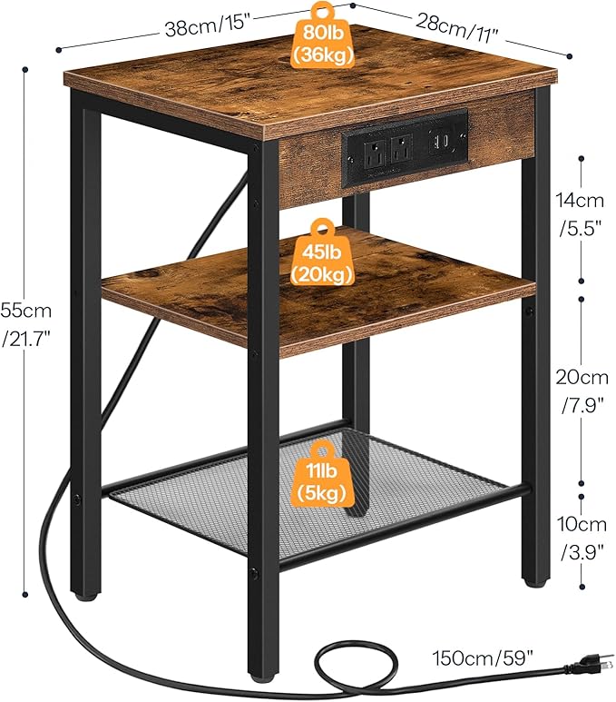 HOOBRO Side Table with Charging Station and USB Port, Small End Table for Small Space, 3-Tier Nightstand with Adjustable Shelf, for Living Room, Bedroom, Rustic Brown BF112BZ01