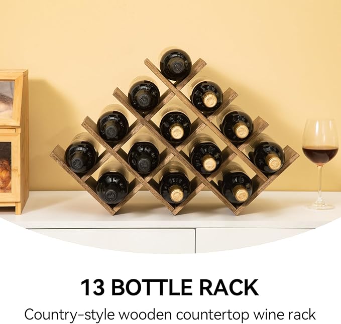 KIRIGEN 13-Bottle Wine Rack, 4-Tier Solid Wood Countertop Wine Holder, Brown Freestanding Bottle Storage Shelf for Kitchen, Bar, Cabinet, Pantry, XHJJ4-DBR