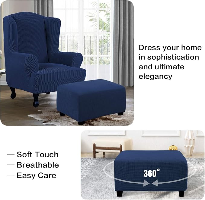 H.VERSAILTEX Ottoman Cover Slipcover Rectangle Fit Length 33"-38" Footrest Sofa Slipcovers Stool Cover Footstool Protector Covers Feature Stretch Thick Soft Jacquard Fabric Removable Washable - Navy