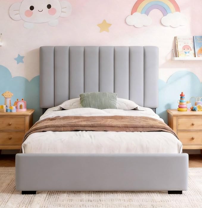 Welzona Kids Twin Upholstered Bed Frame with Headboard, Velvet Upholstered Metal Platform Bed Frame with Vertical Tufted Headboard, 3-Level Height, Metal Slat Support, Noise-Free Easy Assembly, Grey