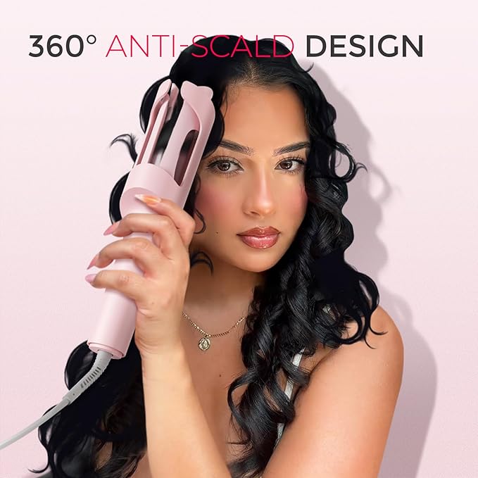 TYMO オートカールヘアアイロン - TYMO CURLPRO ビーチウェーブヘアアイロン、ポータブルヘアカーラー、5億マイナスイオン、デュアルボルテージ＆軽量旅行用、セラミックコーティング、1 1/4インチ、ピンク